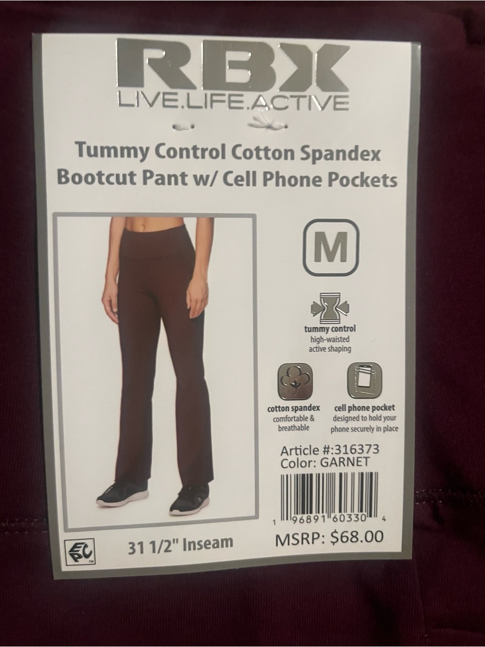 RBX Women's Tummy Control Cotton Spandex Bootcut Pants - Garnet MEDIUM